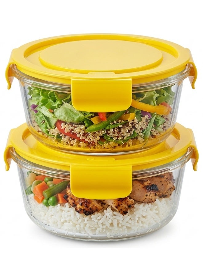 Heat-Resistant Glass Food Storage Container Set with Airtight Locking Lid 620ml 2 Pieces Yellow - Image 1