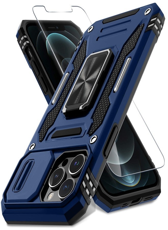 DEERLAMN جراب DEERLAMN لهاتف iPhone 12 Pro Max مع غطاء كاميرا منزلق + واقي شاشة (عبوة واحدة)، غطاء حماية مقاوم للصدمات بمسند حلقي دوار، بمواصفات عسكرية، مقاس 6.7 بوصة - أزرق داكن - Image 1
