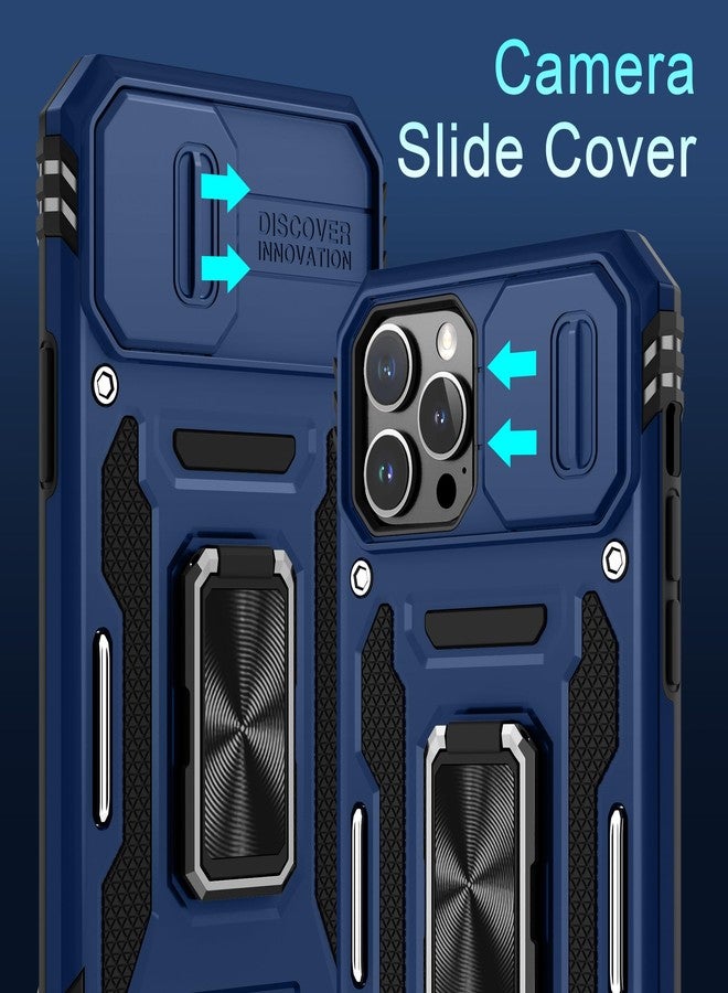 DEERLAMN جراب DEERLAMN لهاتف iPhone 12 Pro Max مع غطاء كاميرا منزلق + واقي شاشة (عبوة واحدة)، غطاء حماية مقاوم للصدمات بمسند حلقي دوار، بمواصفات عسكرية، مقاس 6.7 بوصة - أزرق داكن - Image 2