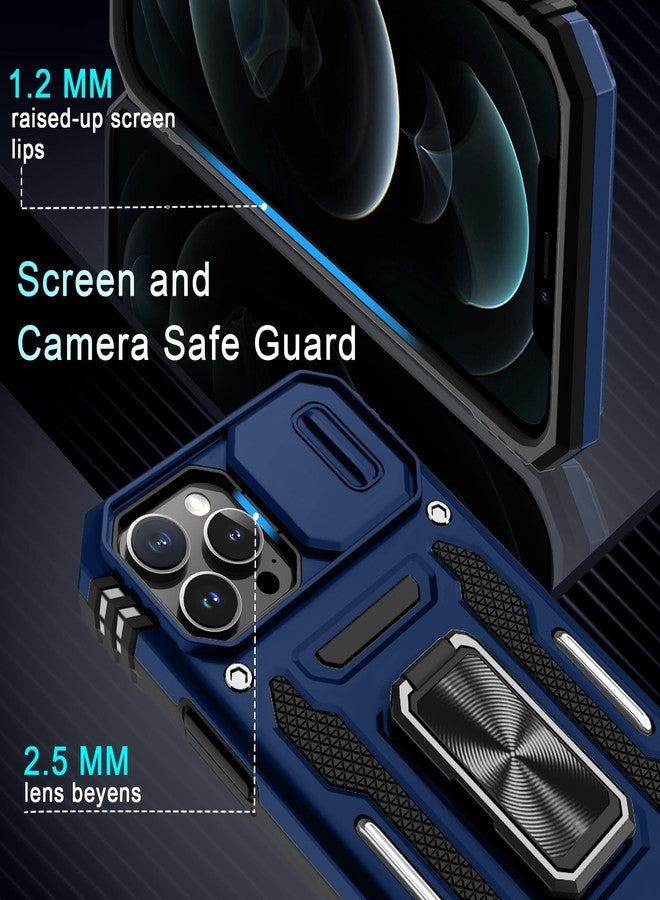 DEERLAMN جراب DEERLAMN لهاتف iPhone 12 Pro Max مع غطاء كاميرا منزلق + واقي شاشة (عبوة واحدة)، غطاء حماية مقاوم للصدمات بمسند حلقي دوار، بمواصفات عسكرية، مقاس 6.7 بوصة - أزرق داكن - Image 5
