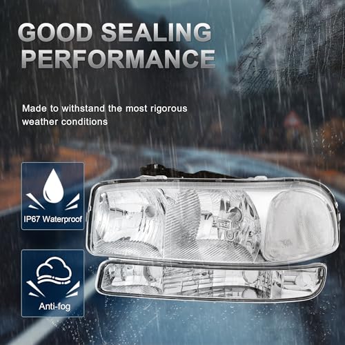KUIPERAUTO Headlight Assembly Front Lamp Compatible with 1999-2006 GMC Sierra 1500 2500, 2000-2006 GMC Yukon Headlamp w/Bulb Chrome Housing/Clear Lens/Clear Corner - Image 2