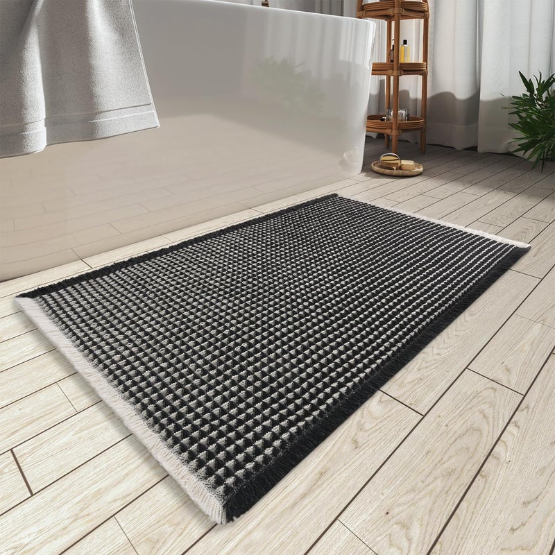 AMOAMI Upgraded Waffle Bath Mat, Super Absorbent Non Slip Bath Mats for Bathroom Floor, Machine Washable Bathroom Rugs with Tassels, Rubber Backed Bathroom Mats, Ultra Soft, 18" x 30",Black & Cream - Image 1