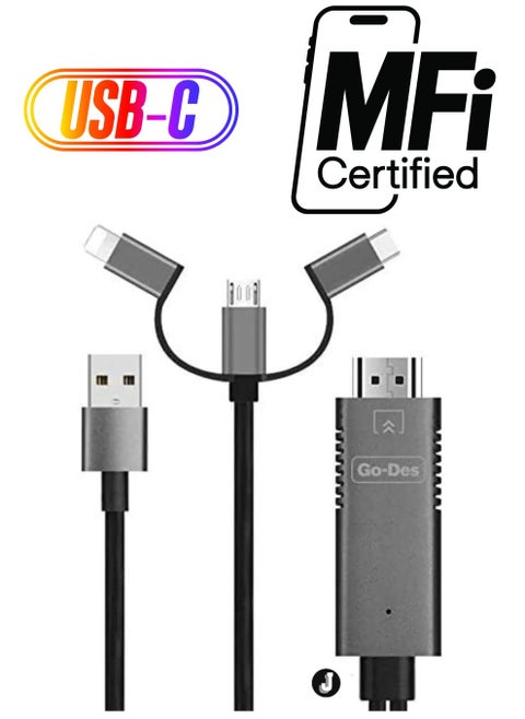 3-in-1 HDMI Cable Adapter – Lightning, Micro USB & USB-C to HDMI, 4K Ultra HD, Plug & Play, Charging While Displaying, Compatible with Android & iOS Devices