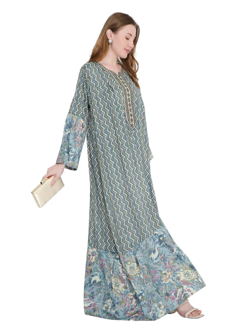 HANA & SARA long viscose printed farasha with unique thread embroidered arabic kaftan jalabiya dress