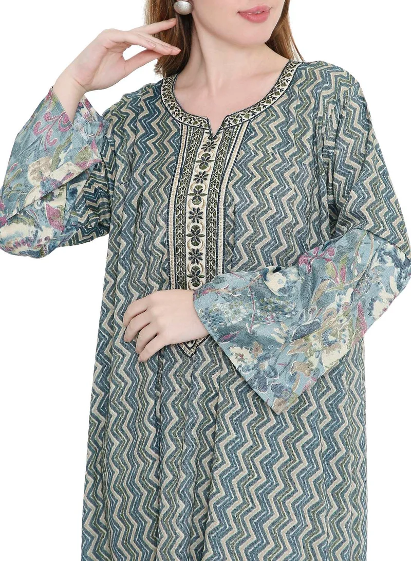 HANA & SARA long viscose printed farasha with unique thread embroidered arabic kaftan jalabiya dress
