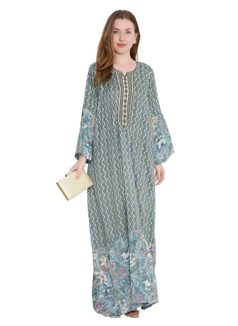 هانا آند سارا long viscose printed farasha with unique thread embroidered arabic kaftan jalabiya dress