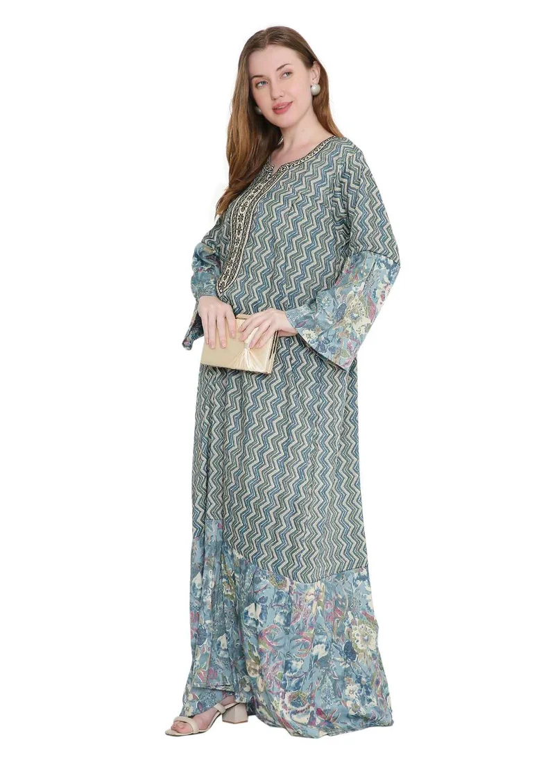 HANA & SARA long viscose printed farasha with unique thread embroidered arabic kaftan jalabiya dress