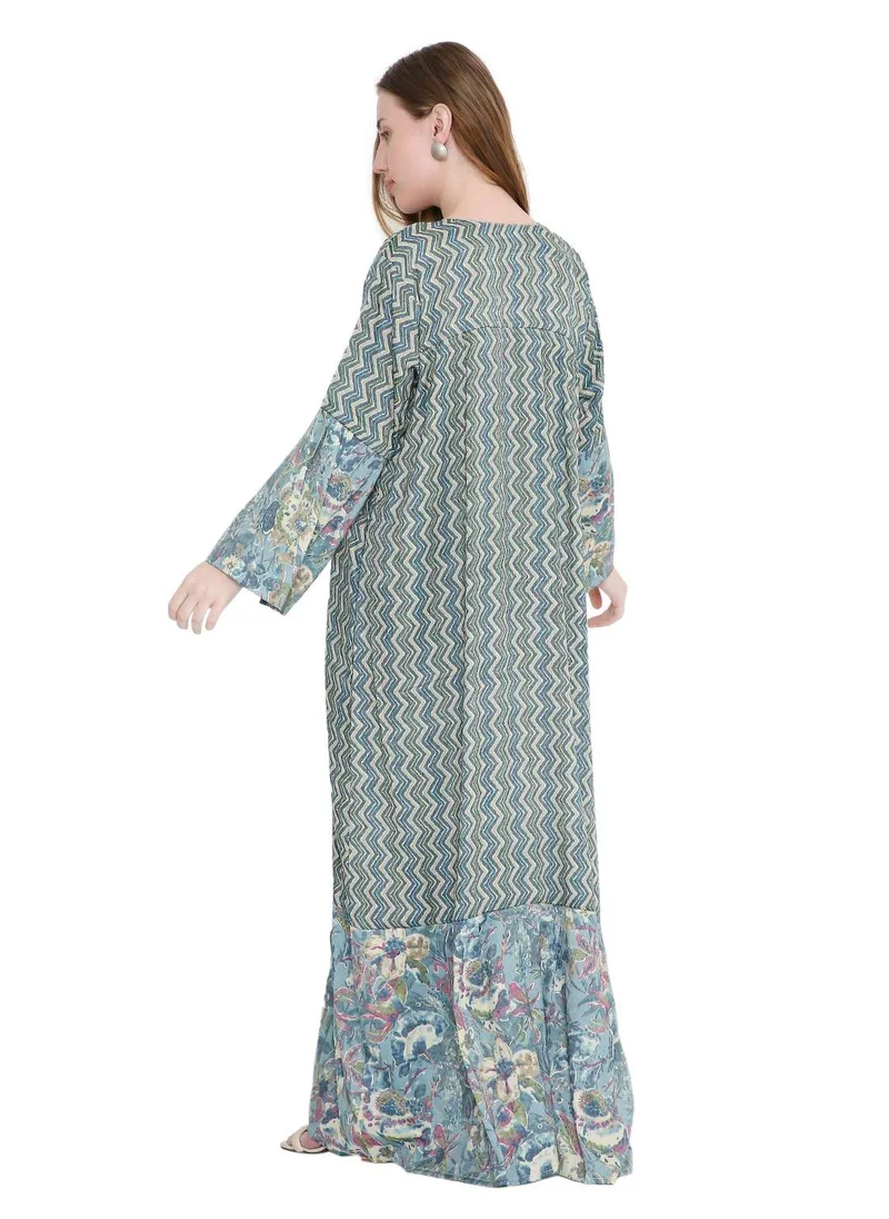 هانا آند سارا long viscose printed farasha with unique thread embroidered arabic kaftan jalabiya dress