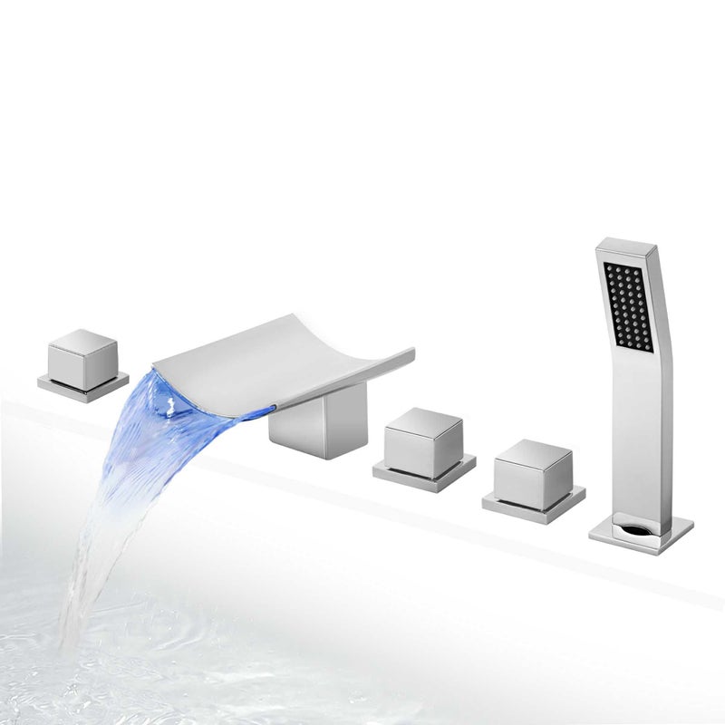 SKOWLL Bathtub Waterfall Faucet Set Widespread Roman Tub Faucet with Sprayer Deck Mount Bathtub Faucet Set 3 Handle Tub LED Waterfall Spout 5 Hole Set Polished Chrome - Image 2