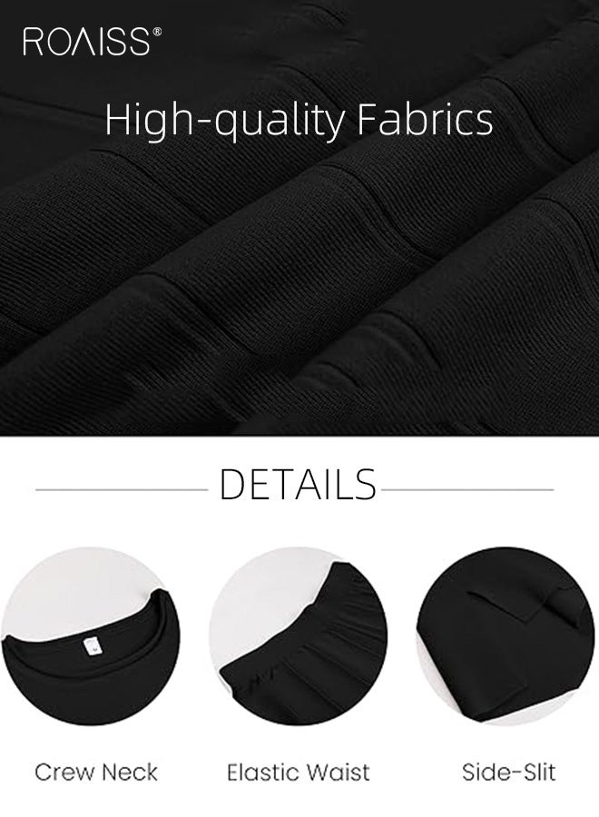 roaiss Women's Knitted Casual Suit Home Wear 2 Piece Outfits Sleeveless Vest + Wide-Leg Pants Ladies Knit Lounge Sets Cap Sleeve High Low Top Elastic Waisted Pleated Pants Black  - Image 5