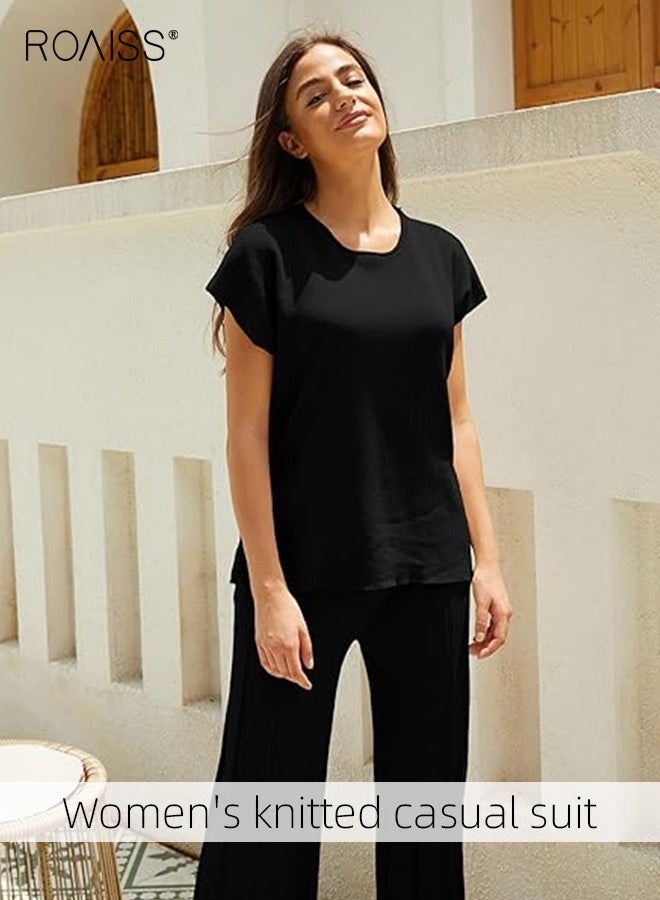 roaiss Women's Knitted Casual Suit Home Wear 2 Piece Outfits Sleeveless Vest + Wide-Leg Pants Ladies Knit Lounge Sets Cap Sleeve High Low Top Elastic Waisted Pleated Pants Black  - Image 3