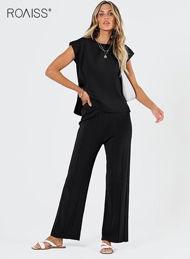 roaiss Women's Knitted Casual Suit Home Wear 2 Piece Outfits Sleeveless Vest + Wide-Leg Pants Ladies Knit Lounge Sets Cap Sleeve High Low Top Elastic Waisted Pleated Pants Black  - Image 2