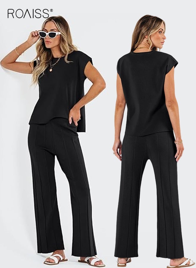 roaiss Women's Knitted Casual Suit Home Wear 2 Piece Outfits Sleeveless Vest + Wide-Leg Pants Ladies Knit Lounge Sets Cap Sleeve High Low Top Elastic Waisted Pleated Pants Black  - Image 1