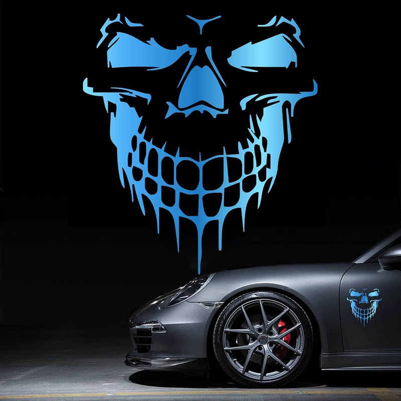 HungMieh Skull Stickers and Decals for Car Windows and Doors, 3D Skull Decals and Signs for Car Styling, Chrome Blue, 6.97 - Image 1
