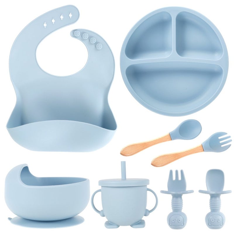 Baby Feeding Set: Blue Silicone & Wood Suction Cup Baby Bowl - Easy Clean Dishwasher Safe Baby Self Feeding Utensils for Baby Led Weaning Toddler Home Travel Use - Image 1