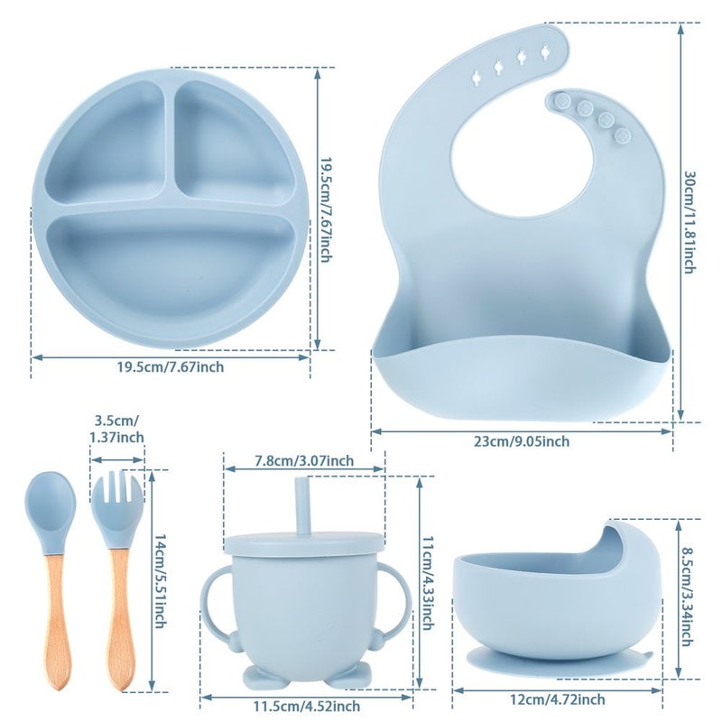 Baby Feeding Set: Blue Silicone & Wood Suction Cup Baby Bowl - Easy Clean Dishwasher Safe Baby Self Feeding Utensils for Baby Led Weaning Toddler Home Travel Use - Image 2