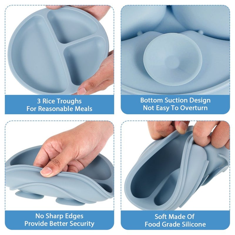 Baby Feeding Set: Blue Silicone & Wood Suction Cup Baby Bowl - Easy Clean Dishwasher Safe Baby Self Feeding Utensils for Baby Led Weaning Toddler Home Travel Use - Image 3