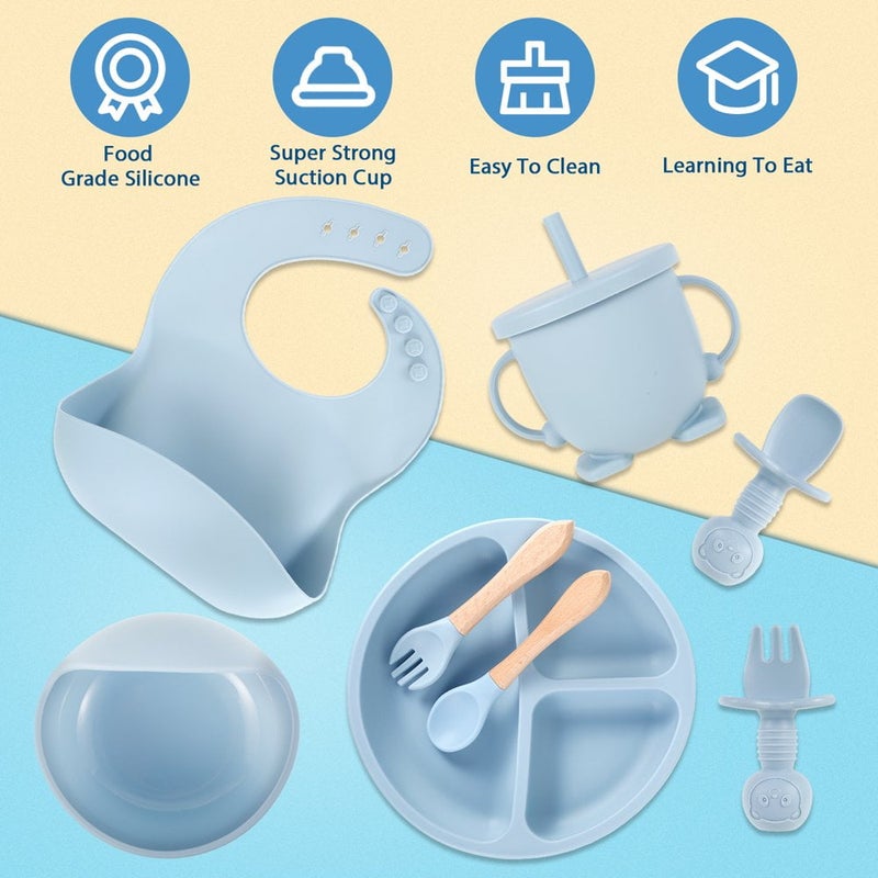 Baby Feeding Set: Blue Silicone & Wood Suction Cup Baby Bowl - Easy Clean Dishwasher Safe Baby Self Feeding Utensils for Baby Led Weaning Toddler Home Travel Use - Image 5
