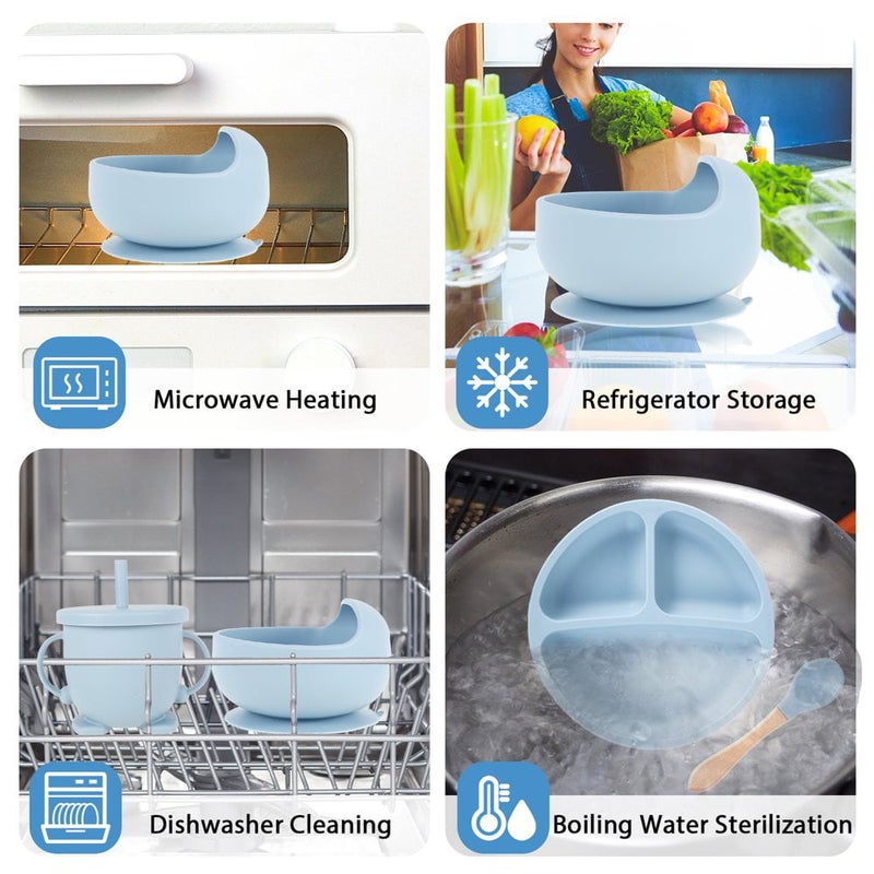 Baby Feeding Set: Blue Silicone & Wood Suction Cup Baby Bowl - Easy Clean Dishwasher Safe Baby Self Feeding Utensils for Baby Led Weaning Toddler Home Travel Use - Image 4