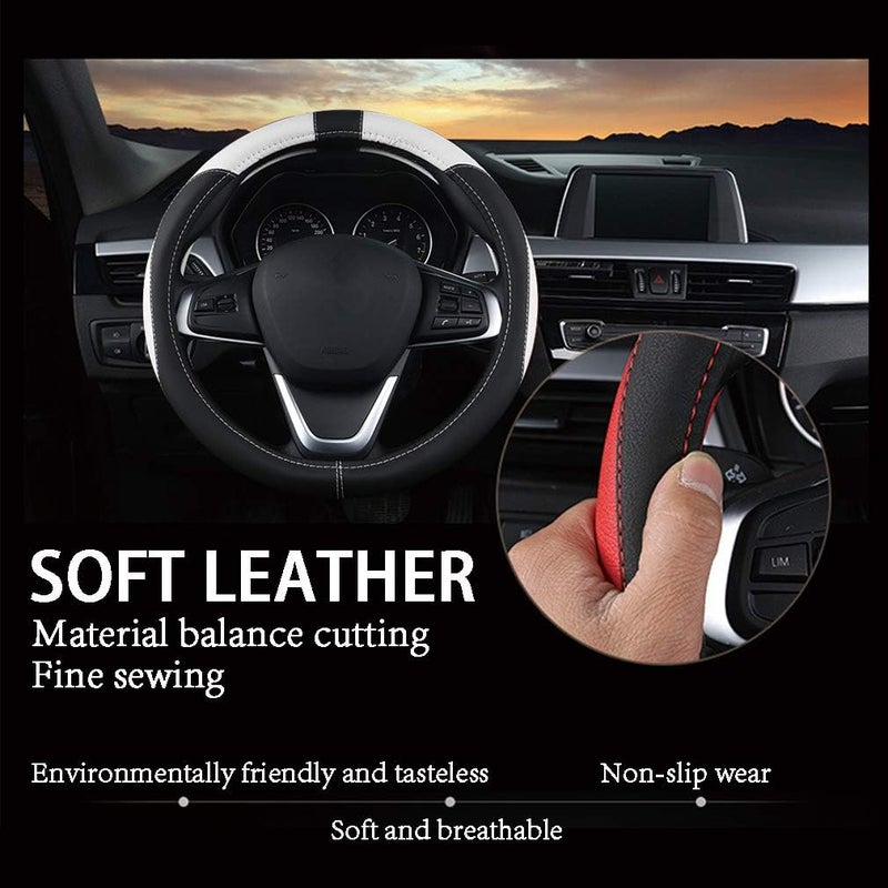 Coofig Durable PU Leather Steering Wheel Cover, Universal 15 Inch, Breathable and Non-Slip Car Steering Wheel Cover, Steering Wheel Cover for Men and Women (Black White) - Image 3