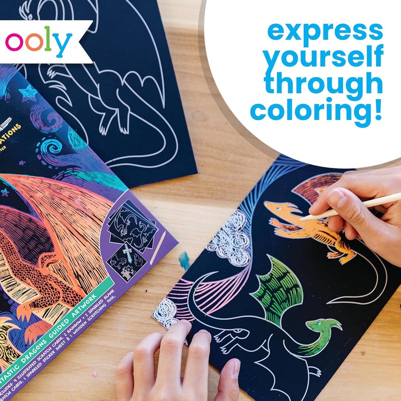 Ooly Scratch & Scribble 10pc Art Kit with 8 Total Scratch Cards (4 Illustrated, 2 Blank, 2 Rainbow) with Scratching Tool and Sparkled Stickers, Art Set Gifts for Kids - Dragons - Image 4