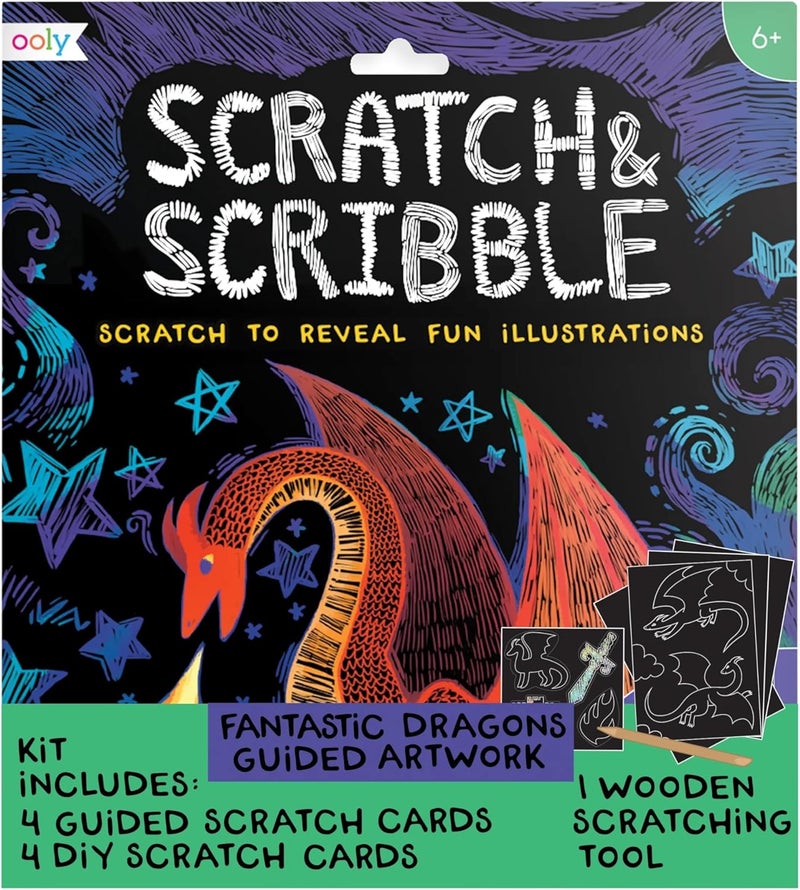 Ooly Scratch & Scribble 10pc Art Kit with 8 Total Scratch Cards (4 Illustrated, 2 Blank, 2 Rainbow) with Scratching Tool and Sparkled Stickers, Art Set Gifts for Kids - Dragons - Image 1