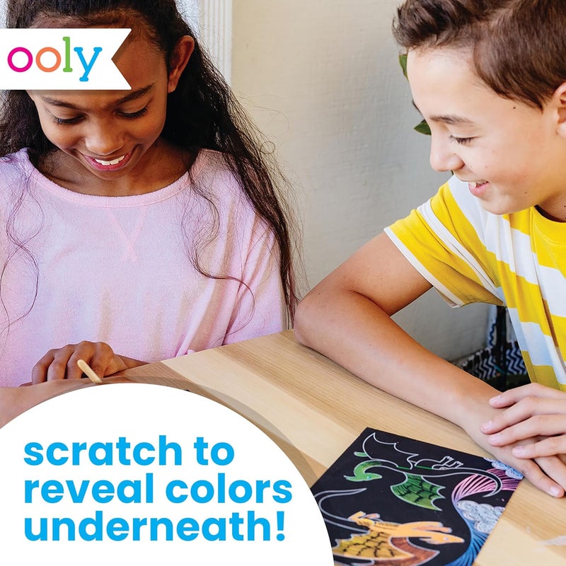 Ooly Scratch & Scribble 10pc Art Kit with 8 Total Scratch Cards (4 Illustrated, 2 Blank, 2 Rainbow) with Scratching Tool and Sparkled Stickers, Art Set Gifts for Kids - Dragons - Image 2