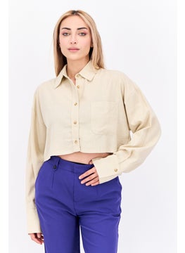 NIA Women Spread Collar Long Sleeve Plain Top, Beige  - Image 1
