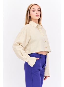NIA Women Spread Collar Long Sleeve Plain Top, Beige  - Image 2