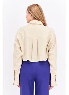 NIA Women Spread Collar Long Sleeve Plain Top, Beige  - Image 3