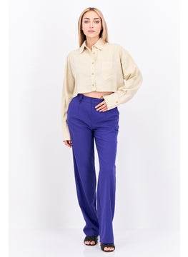 NIA Women Spread Collar Long Sleeve Plain Top, Beige  - Image 4