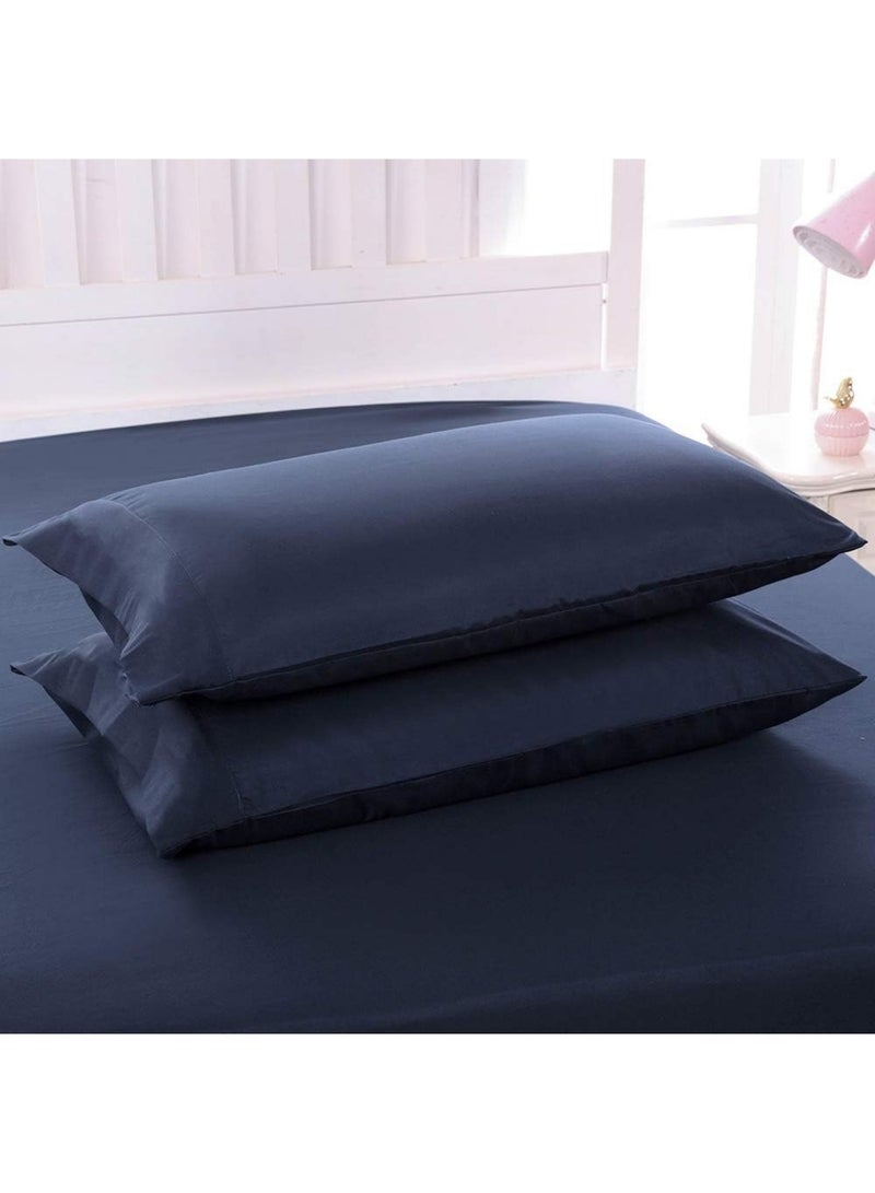 Luxury plain fitted bed sheet set with deep pockets and soft, well-ventilated, cool microfiber pillowcase cover - Dark Blue - Image 2