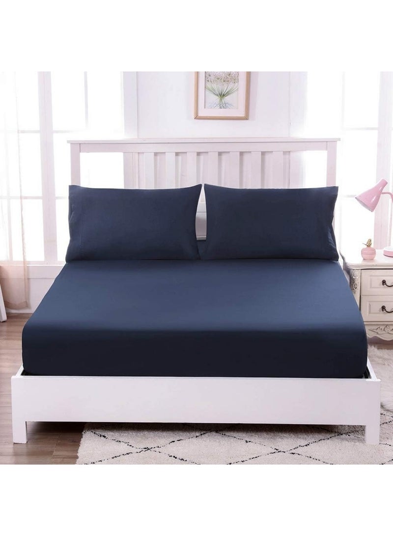 Luxury plain fitted bed sheet set with deep pockets and soft, well-ventilated, cool microfiber pillowcase cover - Dark Blue - Image 1
