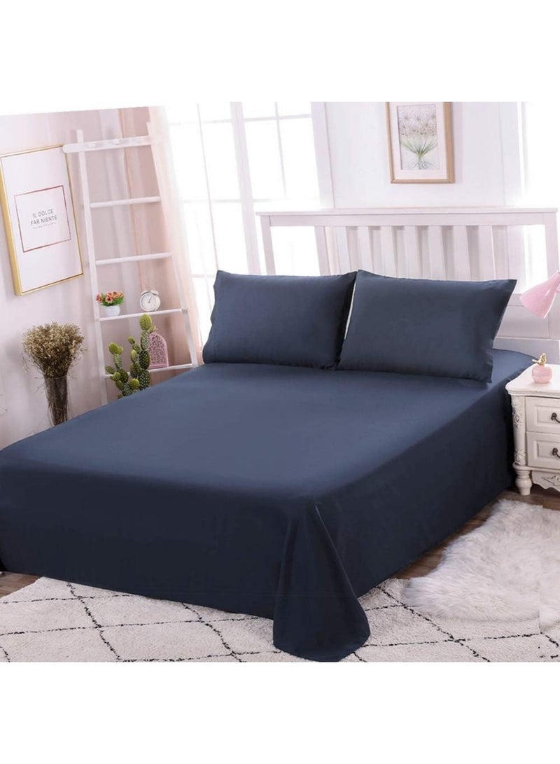 Luxury plain fitted bed sheet set with deep pockets and soft, well-ventilated, cool microfiber pillowcase cover - Dark Blue - Image 3