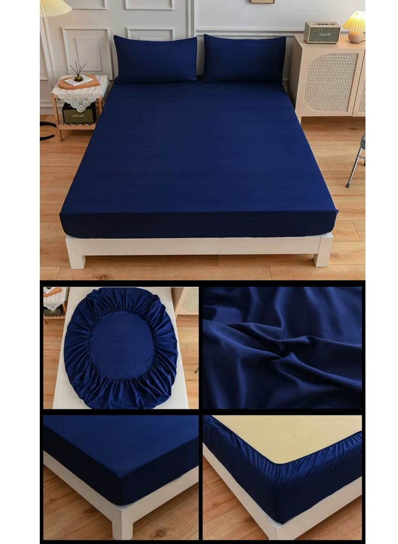 Luxury plain fitted bed sheet set with deep pockets and soft, well-ventilated, cool microfiber pillowcase cover - Dark Blue - Image 5
