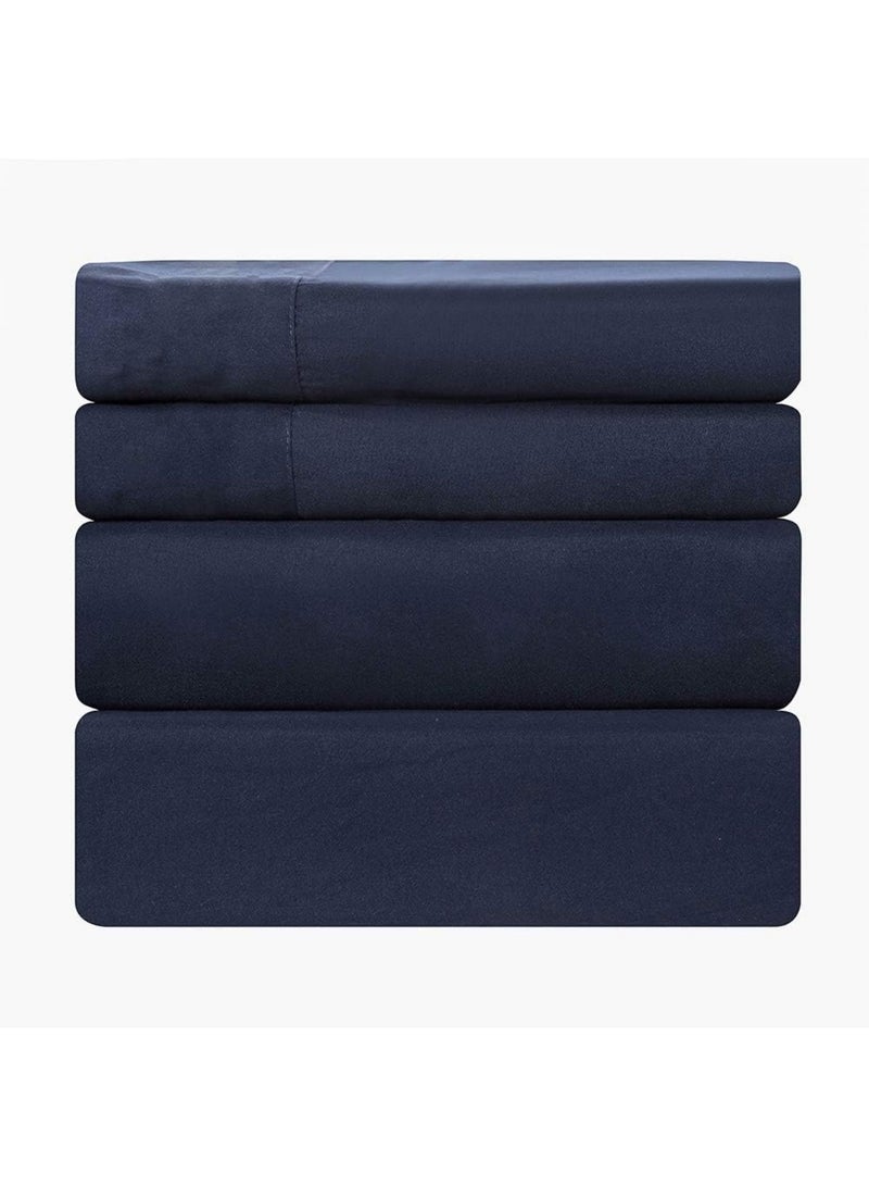Luxury plain fitted bed sheet set with deep pockets and soft, well-ventilated, cool microfiber pillowcase cover - Dark Blue - Image 4