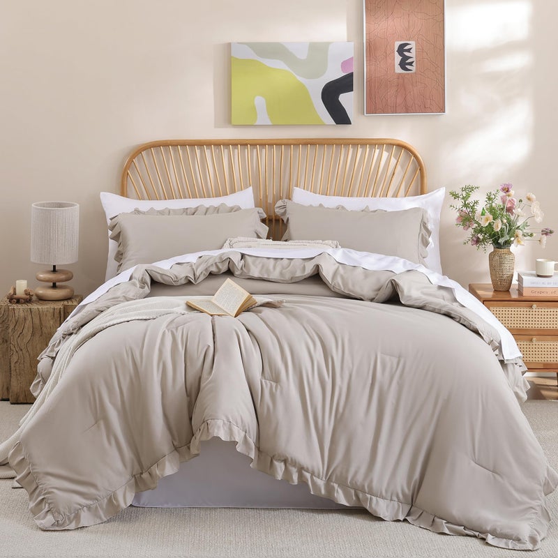 JANZAA King Size Ruffled Comforter Set Soft Vintage Farmhouse Bed Set Shabby Fluffy 3PCS Bedding (1 Oatmeal Comforter Set and 2 Pillowcases) - Image 1
