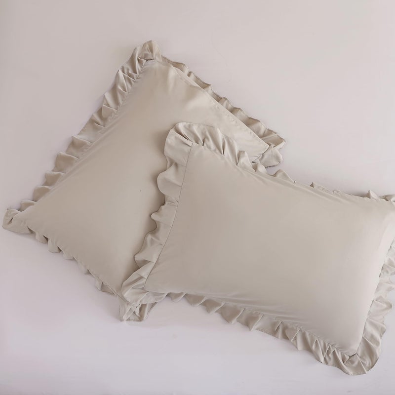 JANZAA King Size Ruffled Comforter Set Soft Vintage Farmhouse Bed Set Shabby Fluffy 3PCS Bedding (1 Oatmeal Comforter Set and 2 Pillowcases) - Image 5