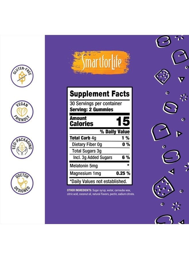 Smart for Life - Melatonin Gummies 5mg W/Magnesium - 60 Count - Plant Based Vegan Melatonin Gummies - Strawberry Flavor Sleep Gummies - Heart & Bone Health Dietary Supplement - Adult Melatonin Gummies - Image 1