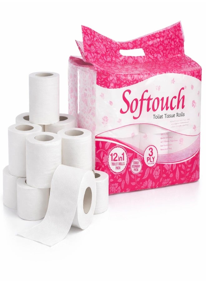 Softouch Toilet Tissue Roll 3 Ply Toilet Paper Family Pack 12 Rolls, Made with High GSM Paper Super Absorbent | Soft on Skin | 100% Virgin Paper | Ideal for Home & Office, Hotels Use - Image 1