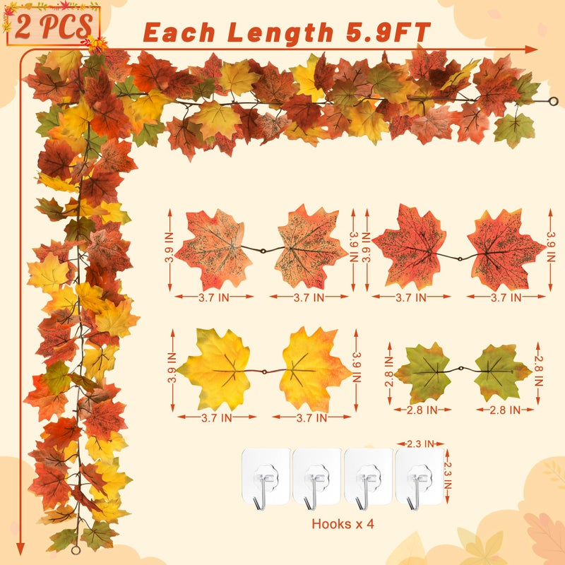Helimoto 2 Pack Fall Decor  11.8Ft Fall Garland For Mantle  Fall Decorations For Home  Fall Leaves Garland  Thanksgiving Garland  Artificial Leaves Autumn Garland For Wedding Party Yellow-Green Leaves - Image 2