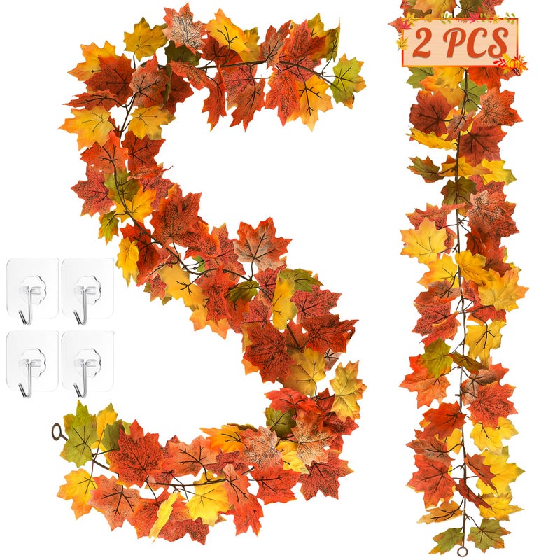 Helimoto 2 Pack Fall Decor  11.8Ft Fall Garland For Mantle  Fall Decorations For Home  Fall Leaves Garland  Thanksgiving Garland  Artificial Leaves Autumn Garland For Wedding Party Yellow-Green Leaves - Image 1