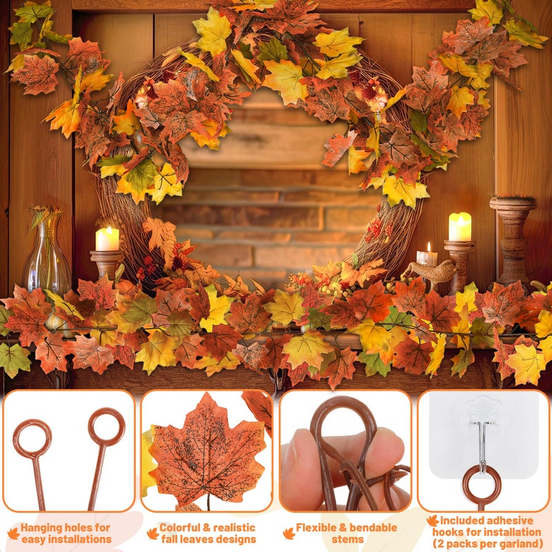 Helimoto 2 Pack Fall Decor  11.8Ft Fall Garland For Mantle  Fall Decorations For Home  Fall Leaves Garland  Thanksgiving Garland  Artificial Leaves Autumn Garland For Wedding Party Yellow-Green Leaves - Image 3