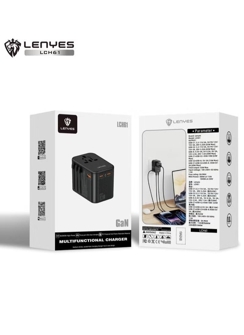 Lenyes Universal Travel Adapter GaN 65W Fast Charging Multifunctional USB Adapter LCH61
