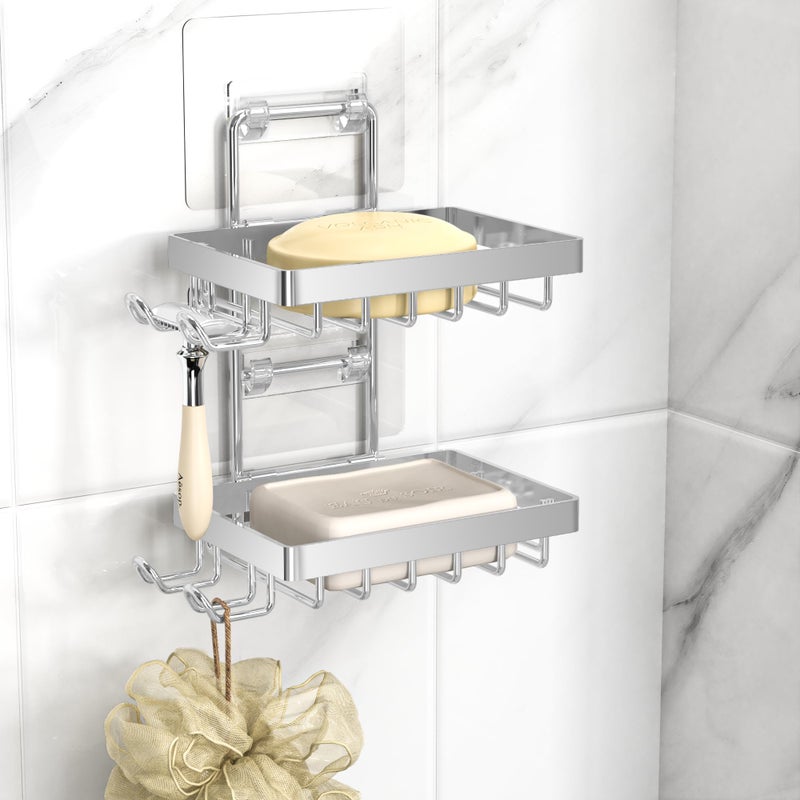 Moforoco Silver Double Soap Bar Holder for Shower, No Drilling Rustproof Stainless Steel, Wall Mounted Soap Holder with 4 Hooks and Razor Holder, Shower Rack Soap Tray Bar Soap for Bathroom & Kitchen - Image 1
