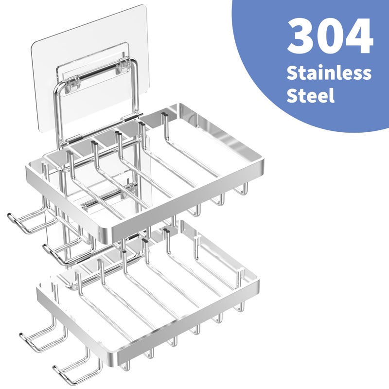 Moforoco Silver Double Soap Bar Holder for Shower, No Drilling Rustproof Stainless Steel, Wall Mounted Soap Holder with 4 Hooks and Razor Holder, Shower Rack Soap Tray Bar Soap for Bathroom & Kitchen - Image 4