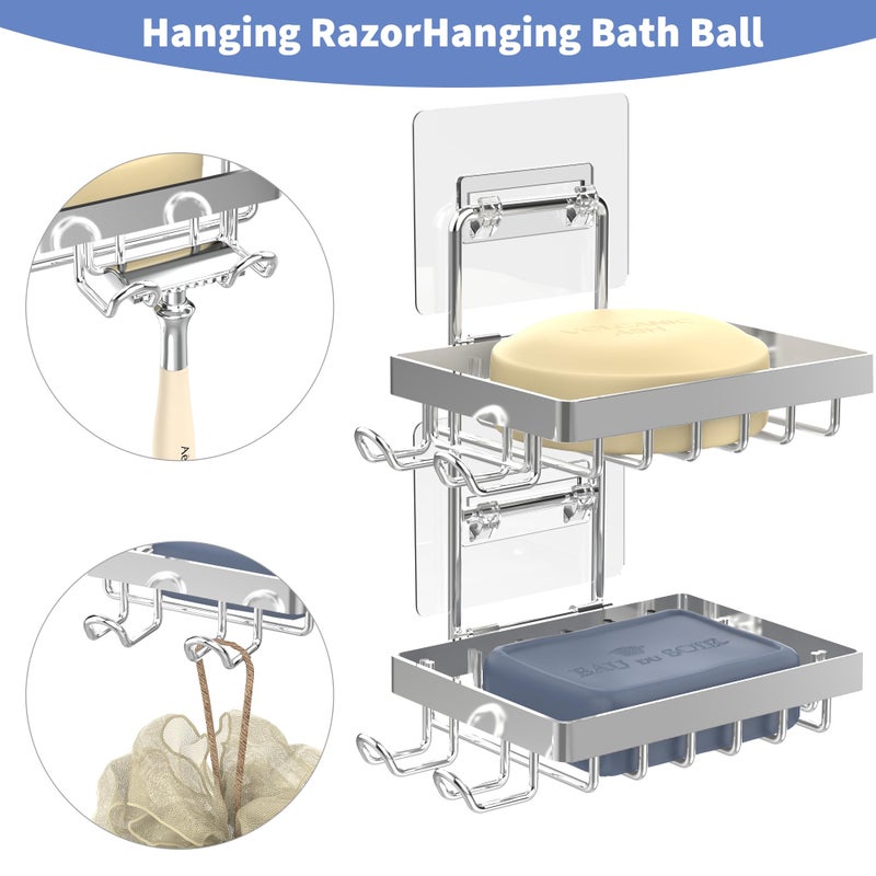 Moforoco Silver Double Soap Bar Holder for Shower, No Drilling Rustproof Stainless Steel, Wall Mounted Soap Holder with 4 Hooks and Razor Holder, Shower Rack Soap Tray Bar Soap for Bathroom & Kitchen - Image 2