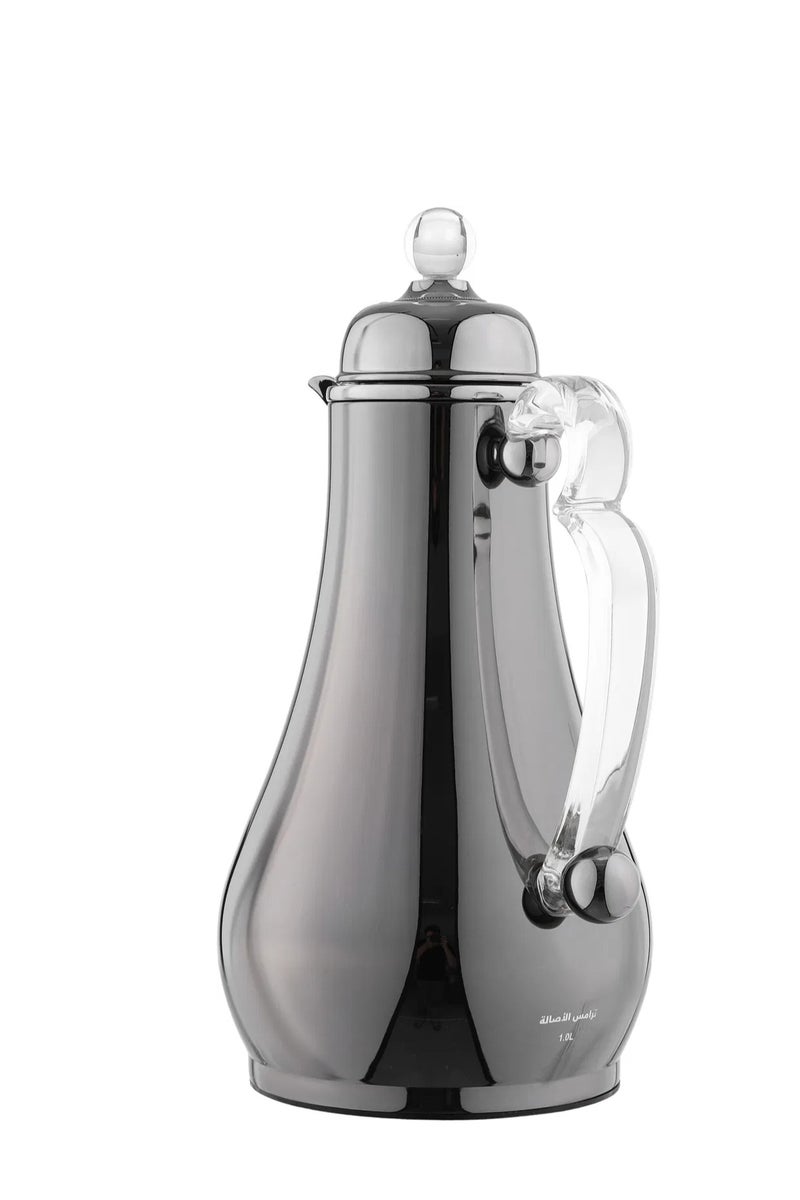 Alsaif Gallery Al-Asalah Thermos Set, 1/1 liter, glass interior, stainless steel exterior, transparent handle, press - glossy black - Image 3