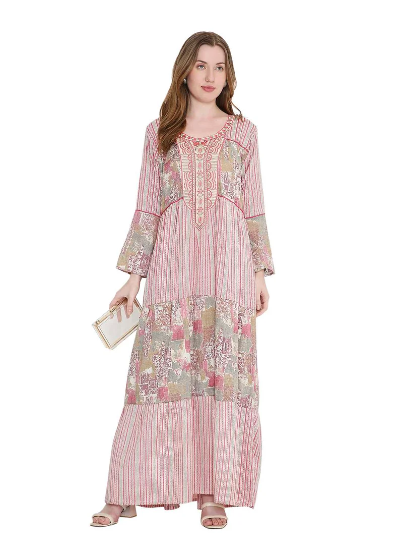 HANA & SARA glamorous long viscose printed farasha with unique embroidered thread detailing arabic kaftan jalabiya dress