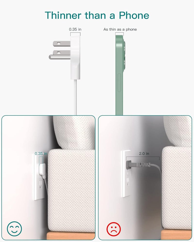 Addtam Flat Plug Power Strip, Ultra Thin Flat Extension Cord - 12 Widely AC 3 Sides Multiple Outlets, 5Ft, 900J Surge Protector, Wall Mount, Desk Charging Station for Home Office Dorm Room Essentials - Image 2
